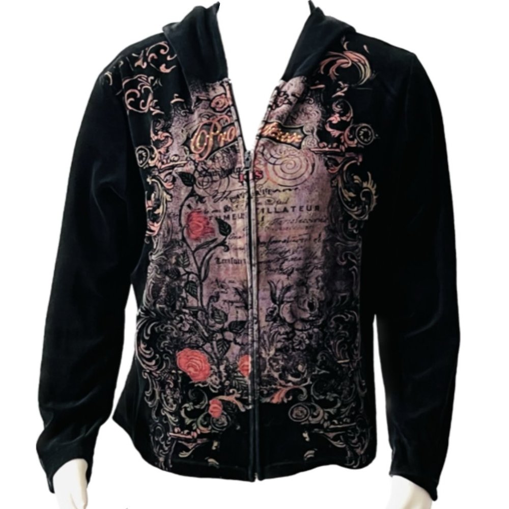 Vintage 90's Black Velvety Zip Hoodie With Front Design (L) Excellent Condition
